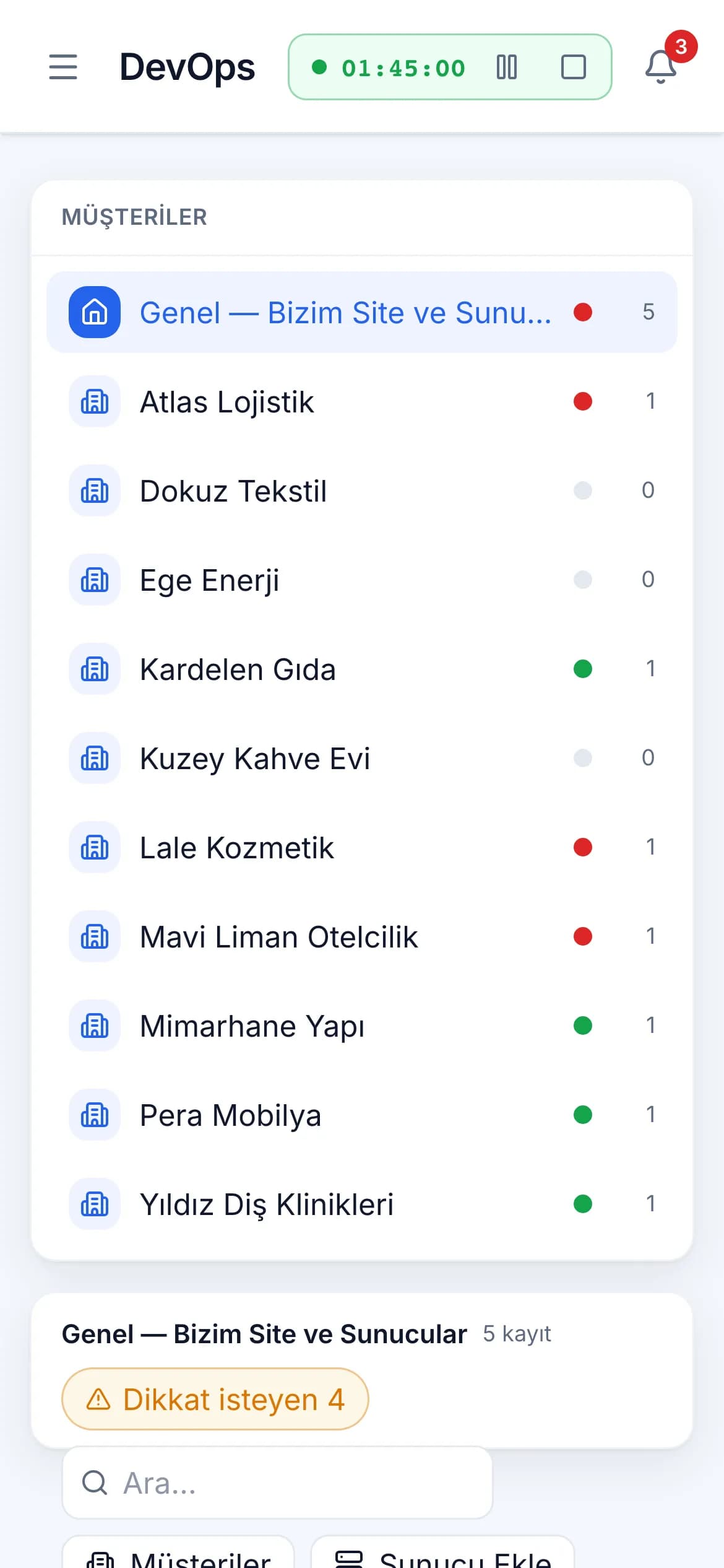 Telefonda DevOps izleme ekranı