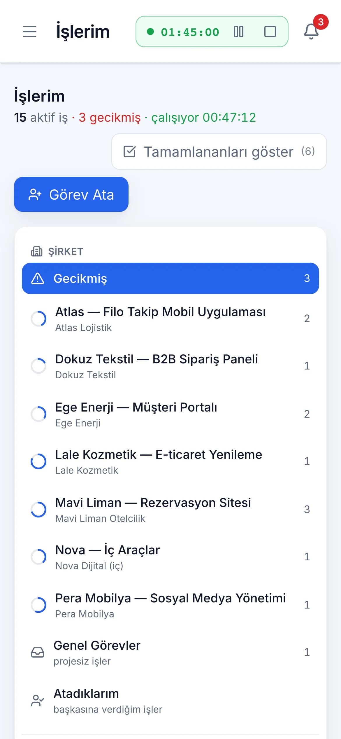 Telefonda İşlerim ekranı